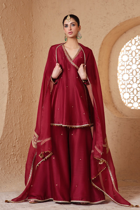 Mehrang Maroon Angrakha Sharara Set