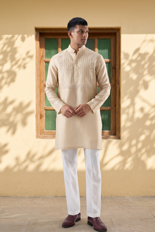 Vaayu Beige Applique Embroidered Kurta Set