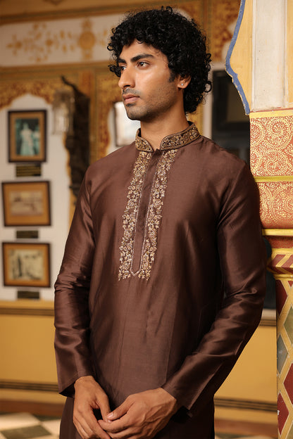 Ahista Brown Zardosi Embroidered Neckline Kurta Set