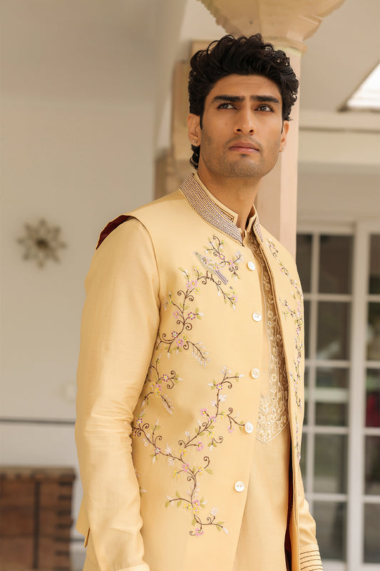 Gulzar Beige Jaal Embroidered Bandi Kurta Set