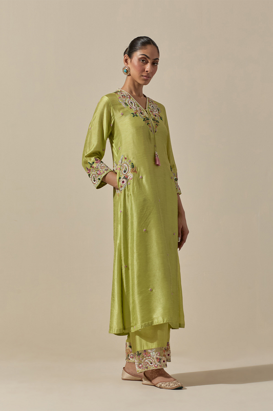 Resham Pastel Green Zardozi Paisely Pocket Style