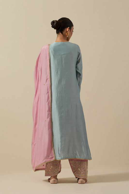 Bird Embroidered Long Kurta Powder Blue + Pastel Pink