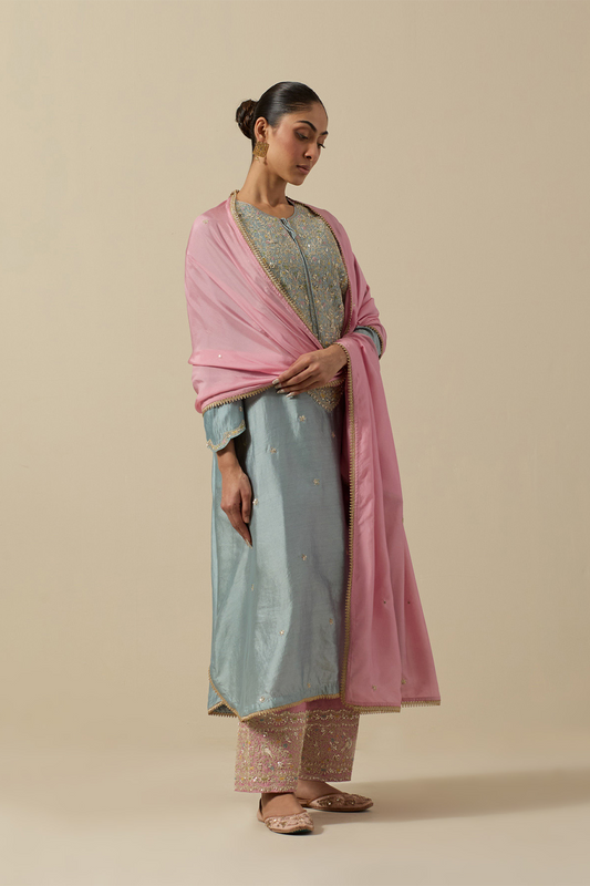 Bird Embroidered Long Kurta Powder Blue + Pastel Pink