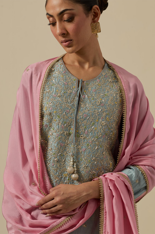 Bird Embroidered Long Kurta Powder Blue + Pastel Pink