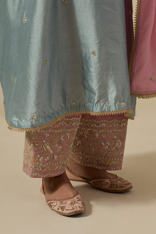 Bird Embroidered Long Kurta Powder Blue + Pastel Pink