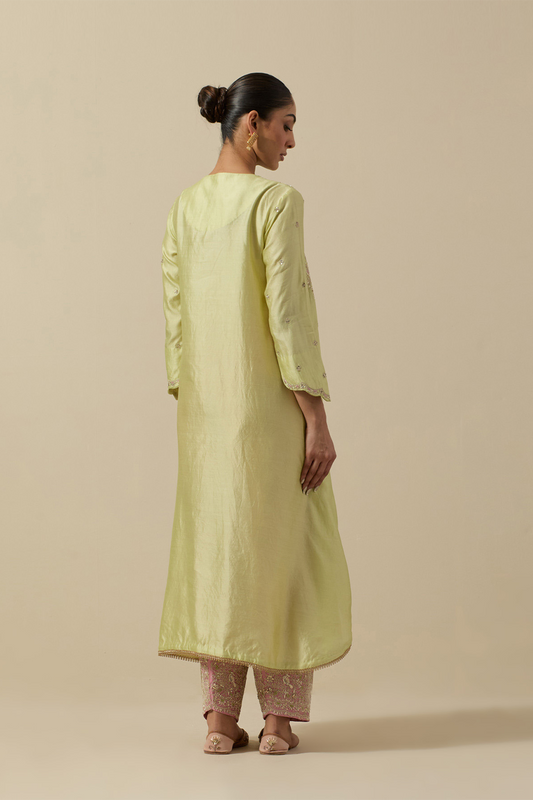 Bird Embroidered Long Kurta Pastel Green + Pastel Pink