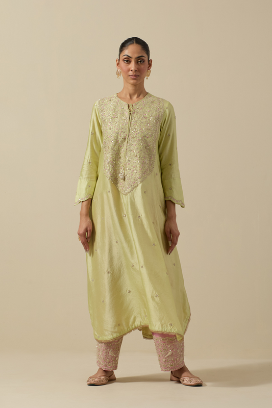 Bird Embroidered Long Kurta Pastel Green + Pastel Pink