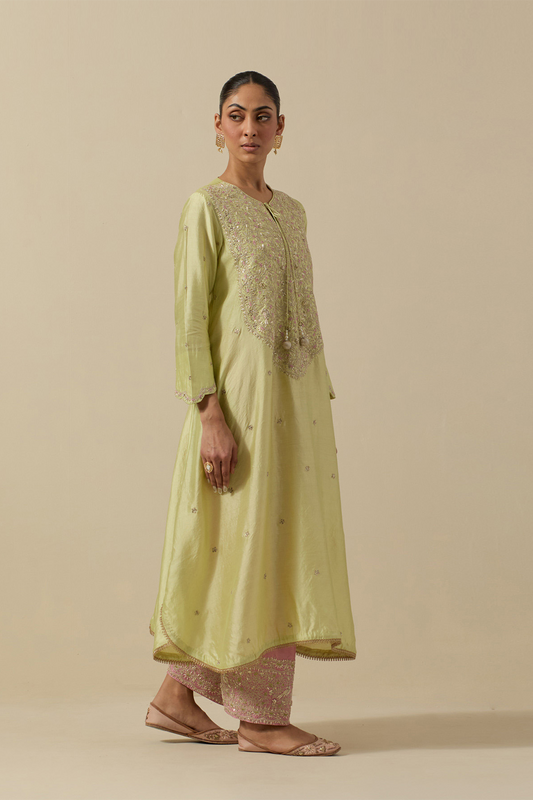 Bird Embroidered Long Kurta Pastel Green + Pastel Pink