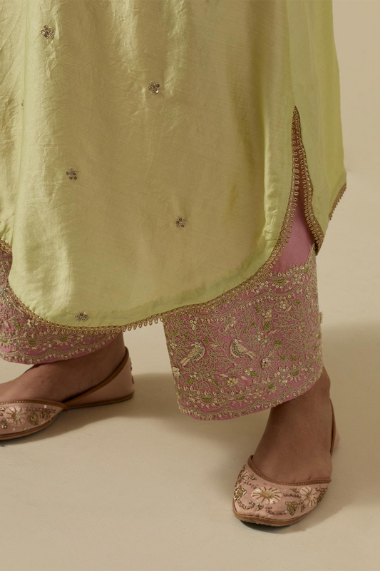 Bird Embroidered Long Kurta Pastel Green + Pastel Pink