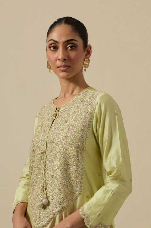 Bird Embroidered Long Kurta Pastel Green + Pastel Pink