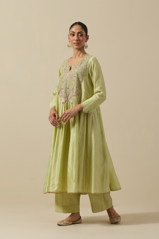 Mint Green Bird Frockstyle Silver Work