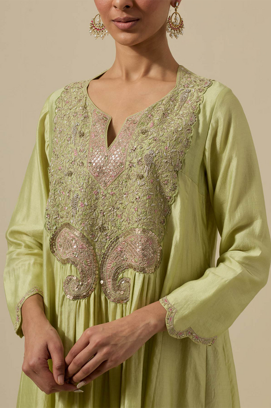 Mint Green Bird Frockstyle Silver Work