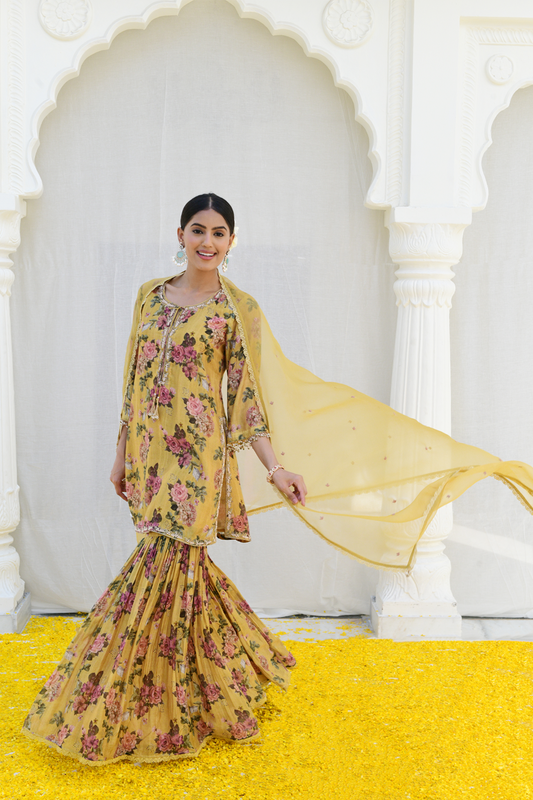 Yellow Vintage Floral Rose Print Sharara