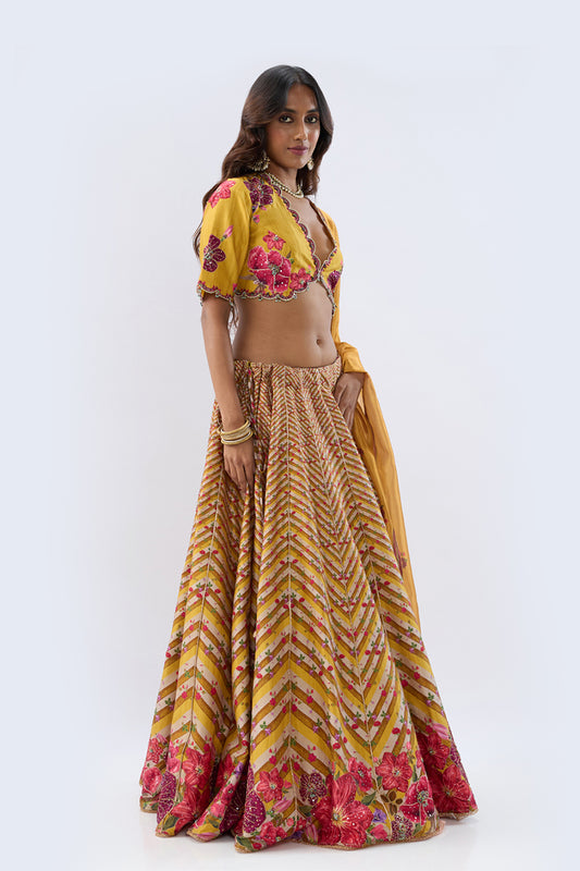 Blossom Yellow Striped Lehenga Set