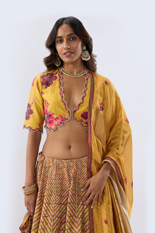 Blossom Yellow Striped Lehenga Set