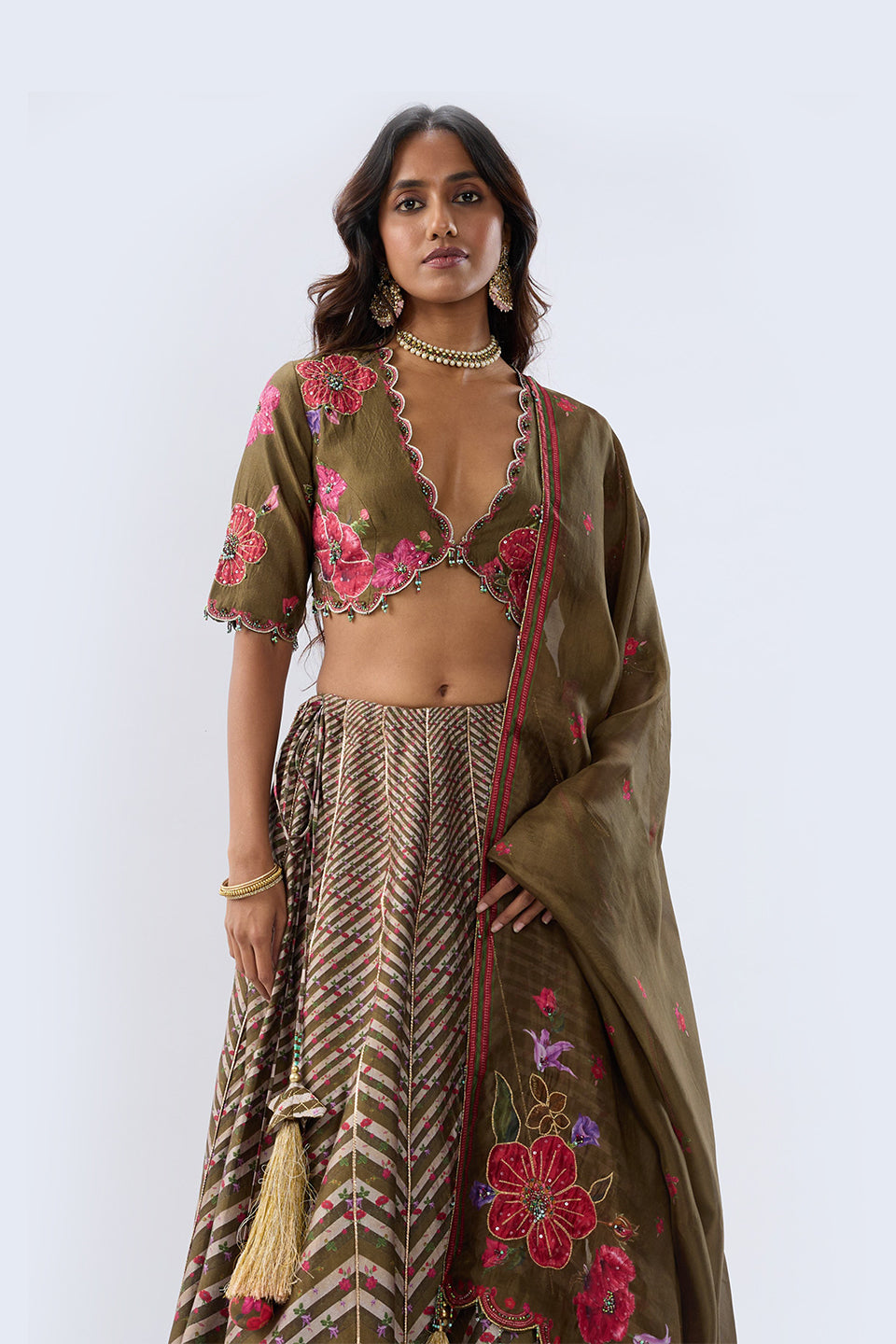 Blossom Striped Olive Green Lehenga Set