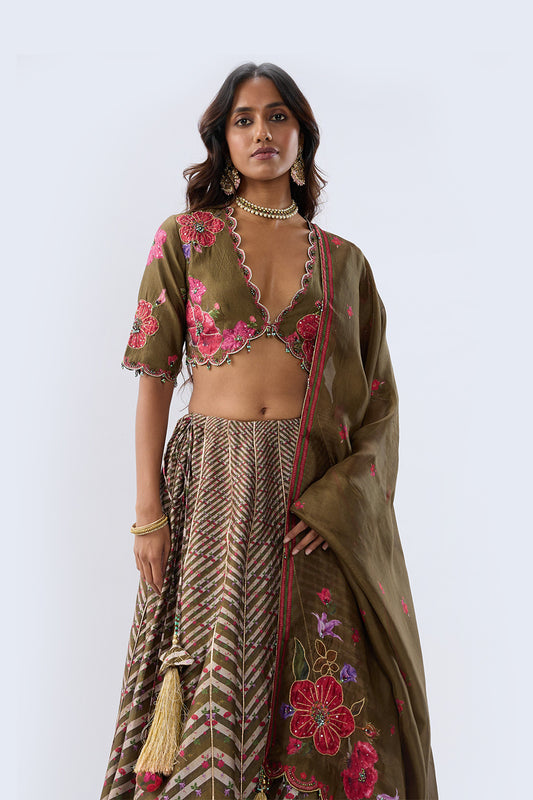 Blossom Striped Olive Green Lehenga Set