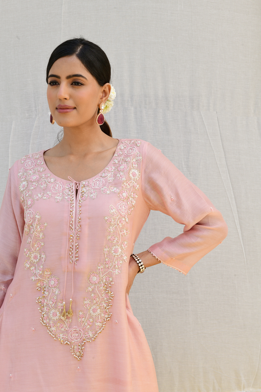 Pink Roselyn Neck Embroidery Kurta Set