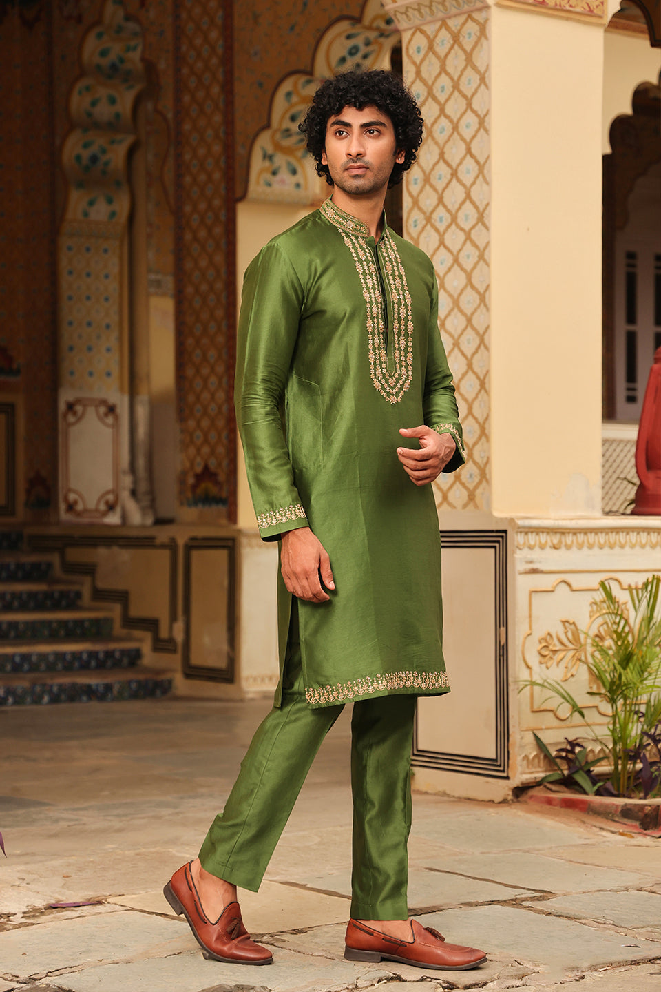 Ahista Green Tikki Embroidered Neckline Kurta Set