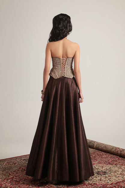 Zar:Rang Brown Corset Quilted Lehenga Set