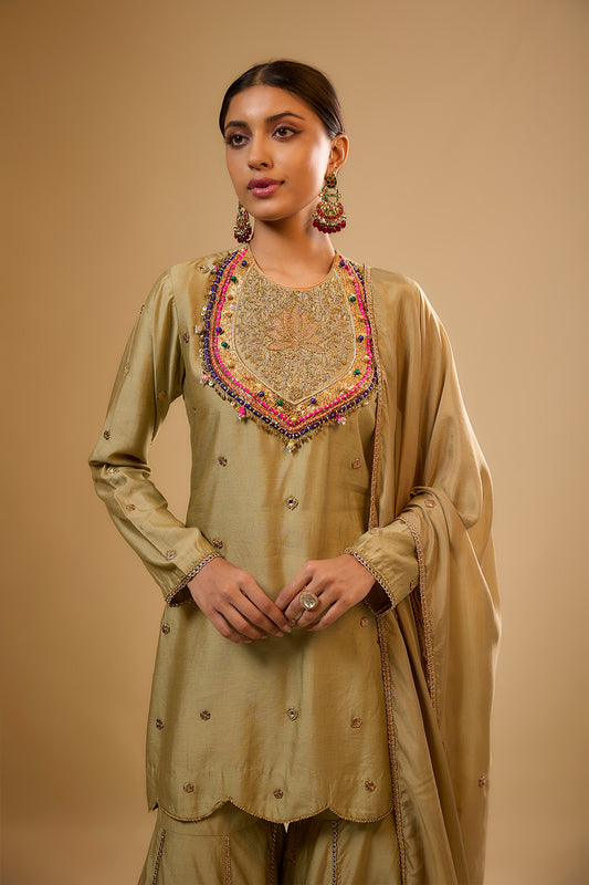 Nazakat Light Green Lotus Yoke Sharara Set