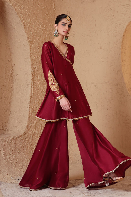 Mehrang Maroon Angrakha Sharara Set