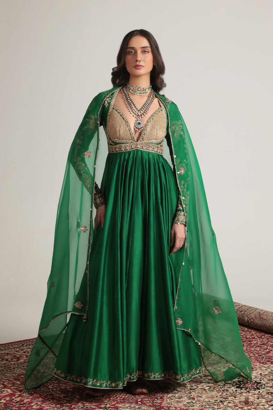 Zar:Rang Green Heavy Yoke Kalidar Set