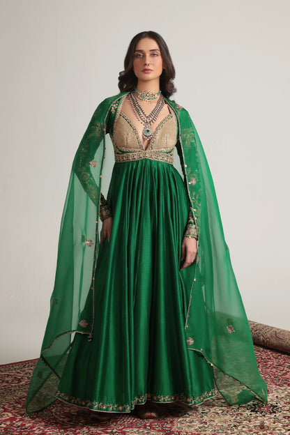 Zar:Rang Green Heavy Yoke Kalidar Set
