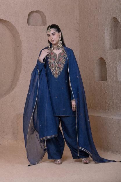 Rangrez  Blue Heavy Neck Short Kurta Set