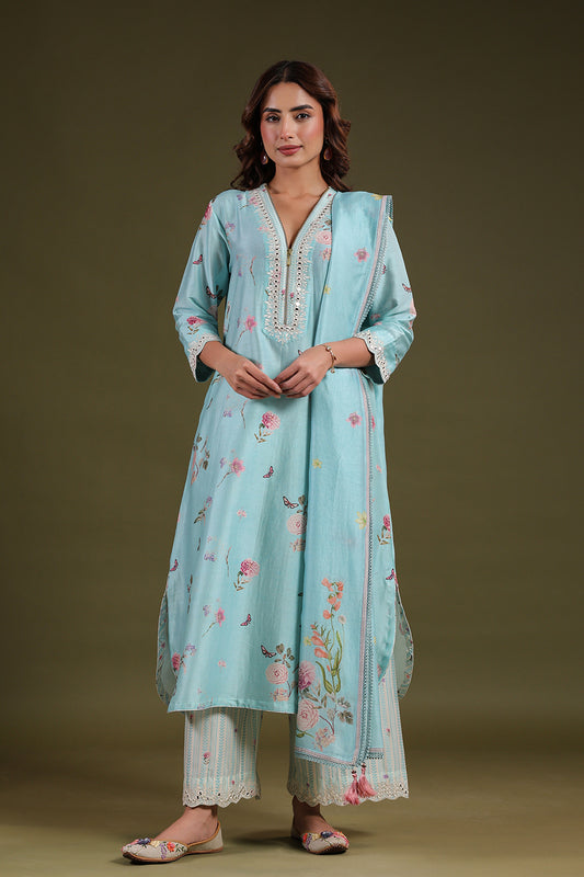 Noor Light Blue Long Zipper Kurta Set