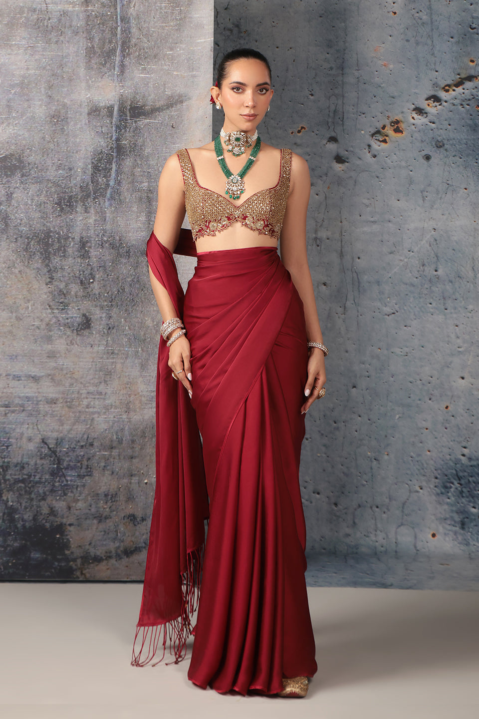 Zar:Rang Maroon Fringe Saree Set