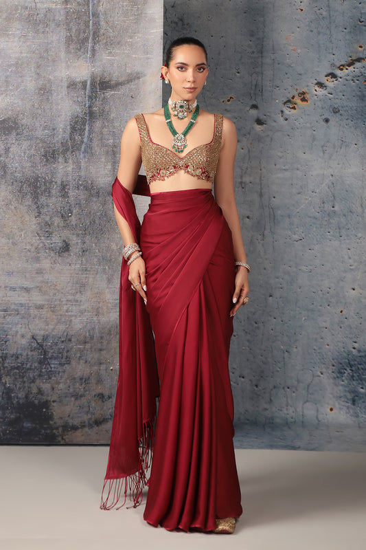 Zar:Rang Maroon Fringe Saree Set
