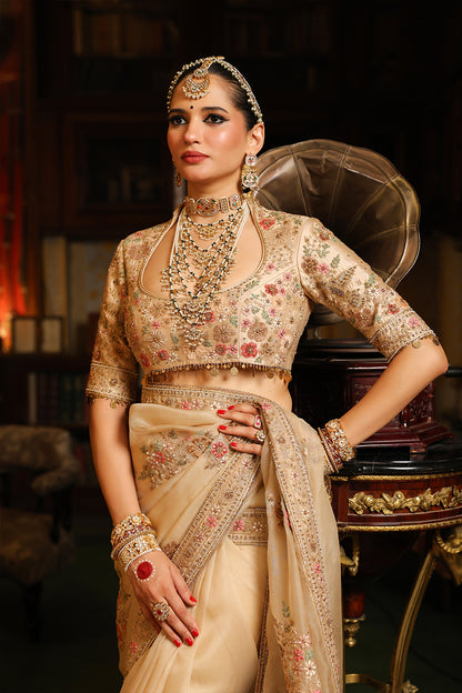 Ahista Ivory Mayur Applique Saree Set