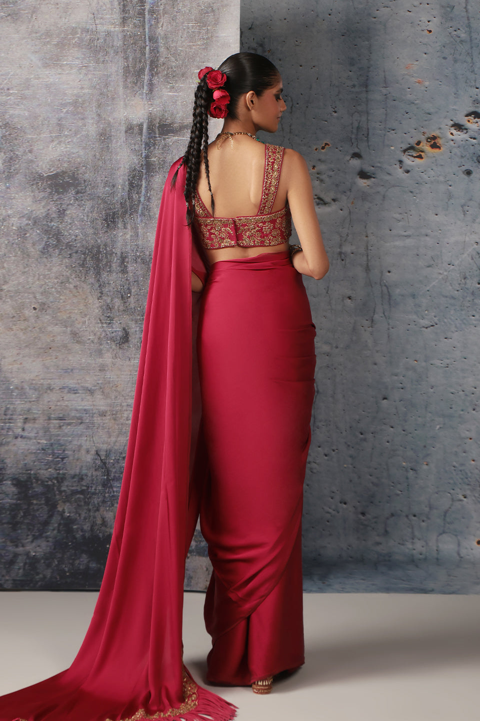 Zar:Rang Maroon Heavy Fringe Saree Set