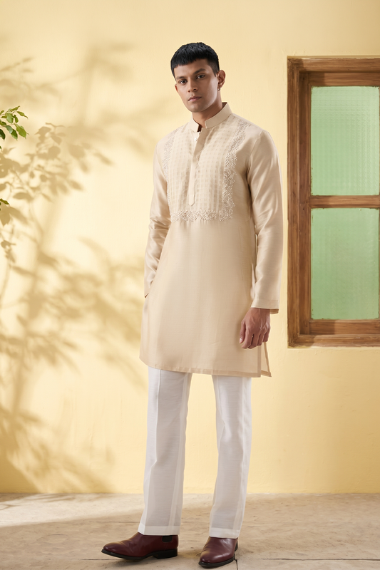 Vaayu Beige Applique Embroidered Kurta Set