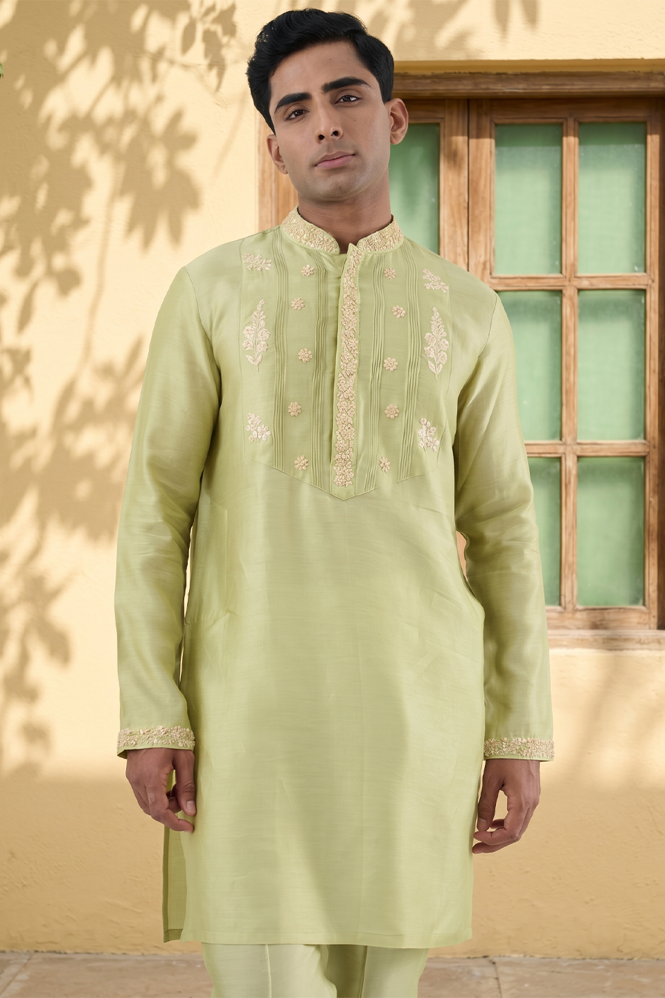Vaayu Green Pintuck Embroidered Kurta Set