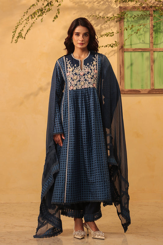 Vaayu Dark Blue Panelled Kalidar Set