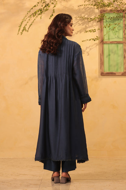 Vaayu Dark Blue Pintuck Collar Kurta Set