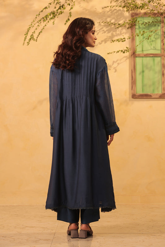 Vaayu Dark Blue Pintuck Collar Kurta Set