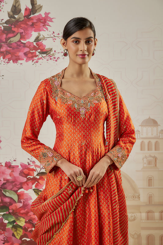 Riwayat Orange Printed kalidar set