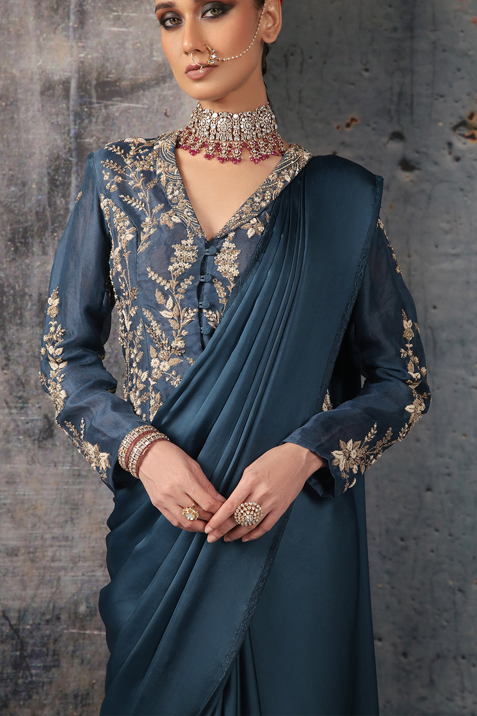 Zar:Rang Blue Jacket Saree Set
