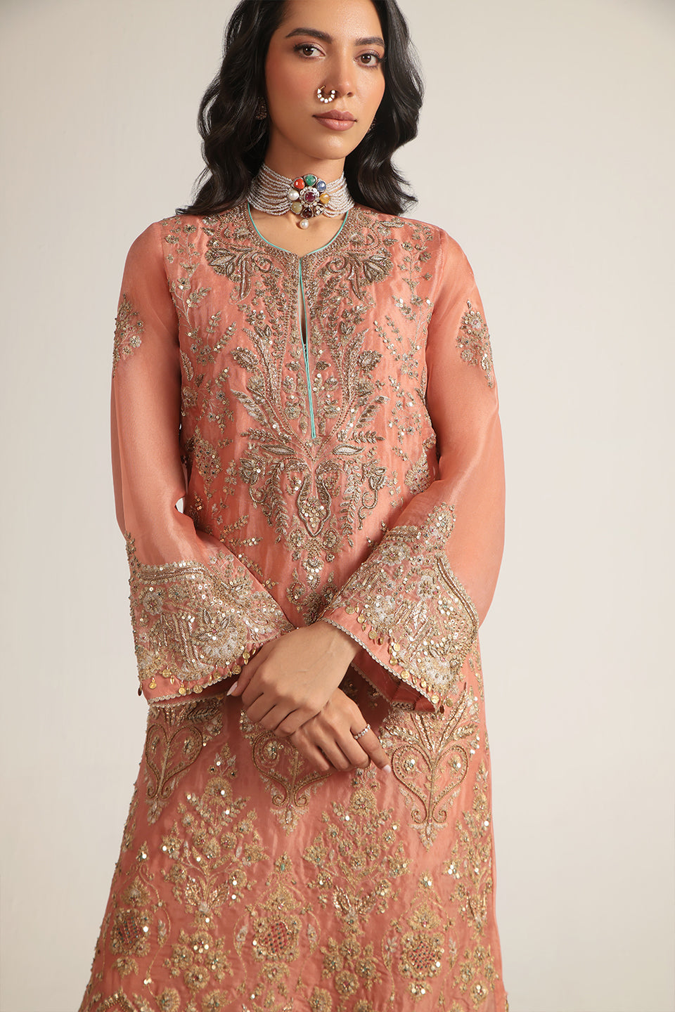 Zar:Rang Peach Heavy Jaal Kaftan Set