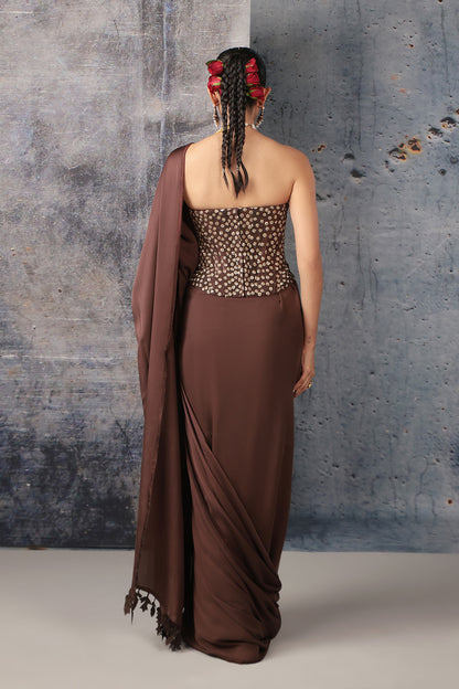 Zar:Rang Brown Corset Saree Set