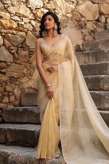 Vaayu Beige Multicolor Butti Saree Set