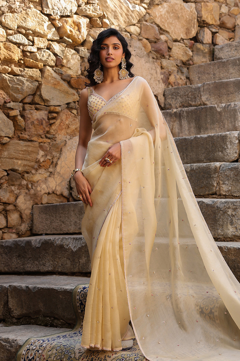 Vaayu Beige Multicolor Butti Saree Set