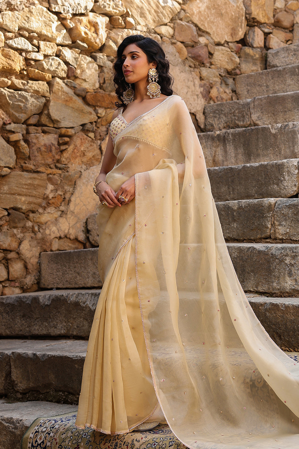 Vaayu Beige Multicolor Butti Saree Set