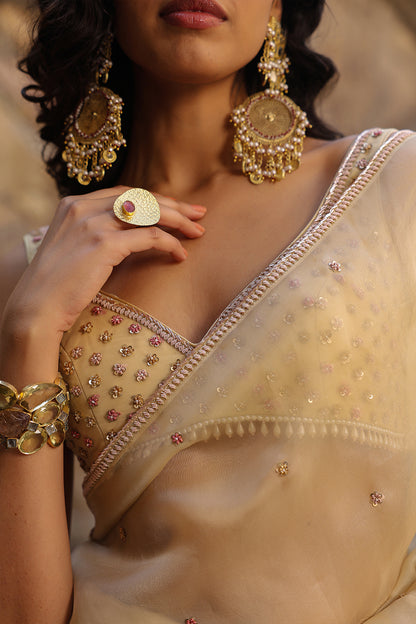 Vaayu Beige Multicolor Butti Saree Set