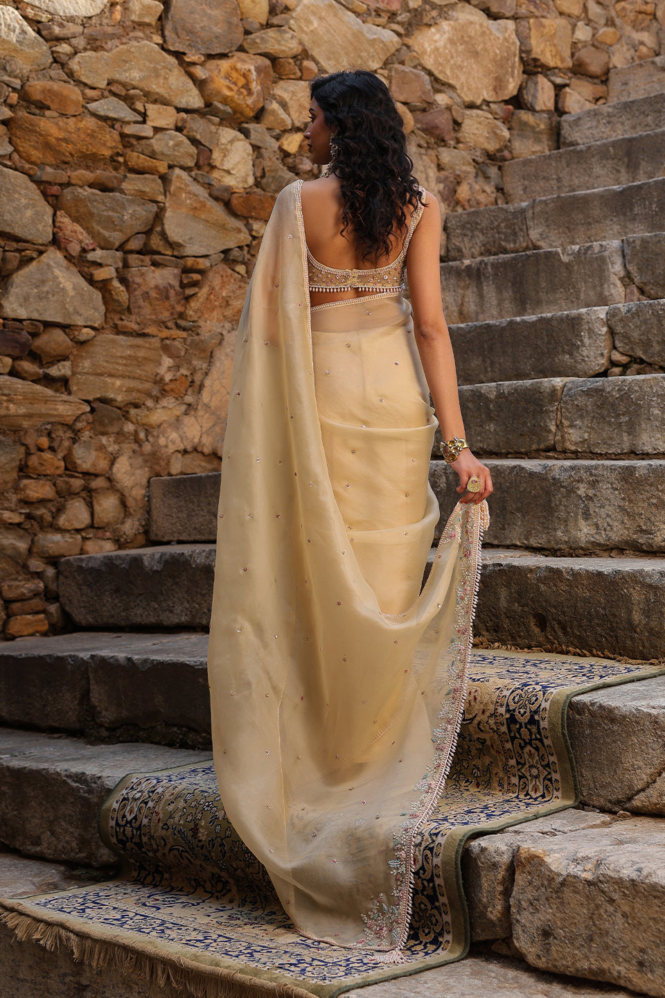 Vaayu Beige Multicolor Butti Saree Set