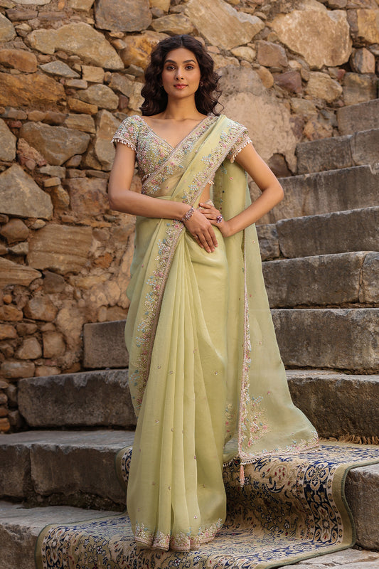 Vaayu Green Multicolor Border Saree Set