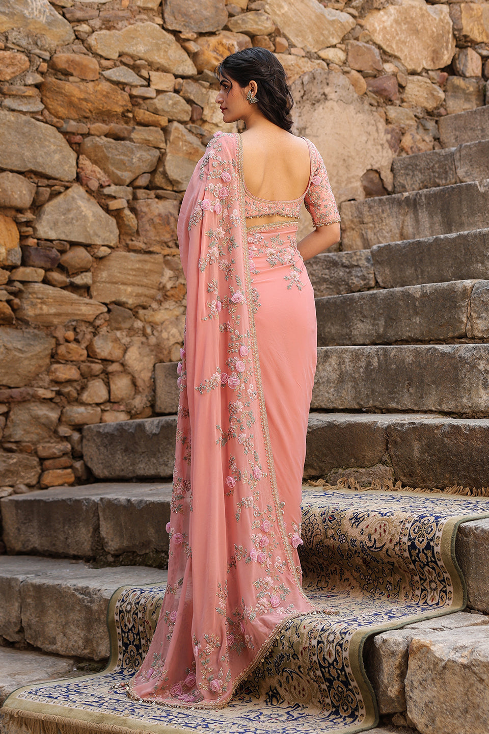 Vaayu Pink Jaal Saree Set